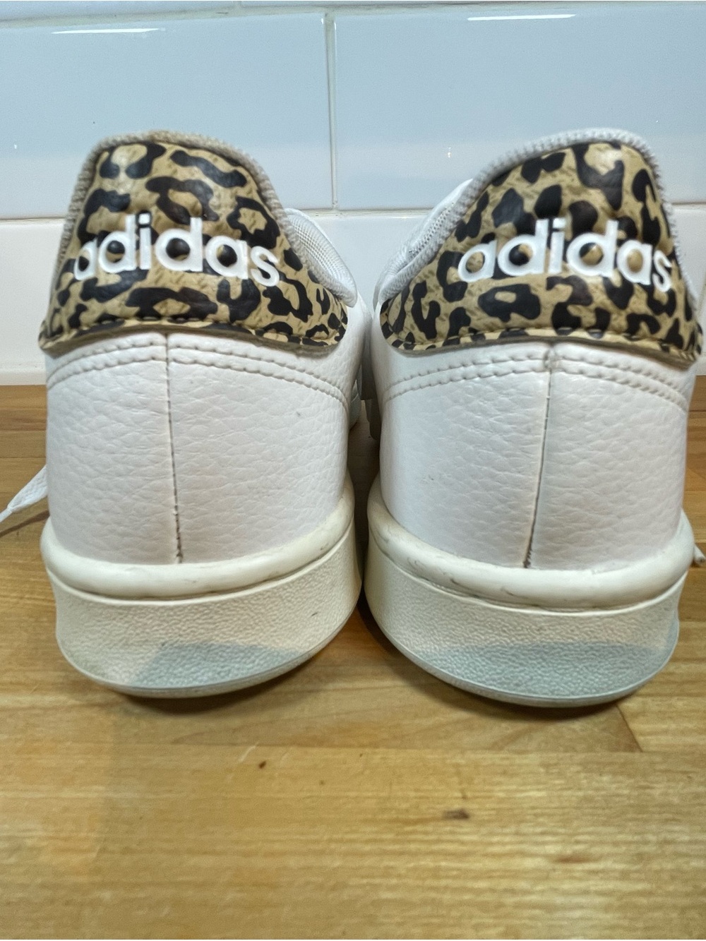 Adidas White Sneakers Tennis Shoes with Leopard Print Heel